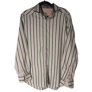 L Men Robert Graham Striped Geometric Long Sleeve Button Front Shirt Floral Cuff